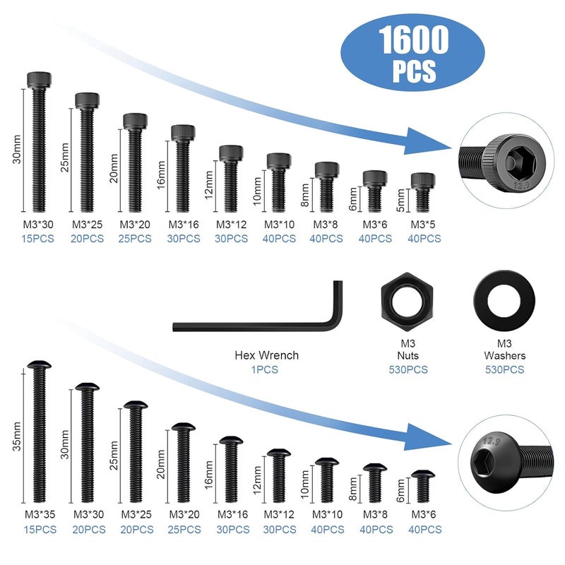Takytao 1600 Pcs M3 Screw Kit, M3 Button Head and Socket Head Screws, Metric Machine Screw Assortment, 12.9 Grade Alloy Steel, Black Zinc Plated - Image 2